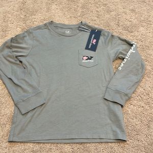 Vineyard Vines Kids Long Sleeve Pocket Tee in Olive Green with Pink Whale